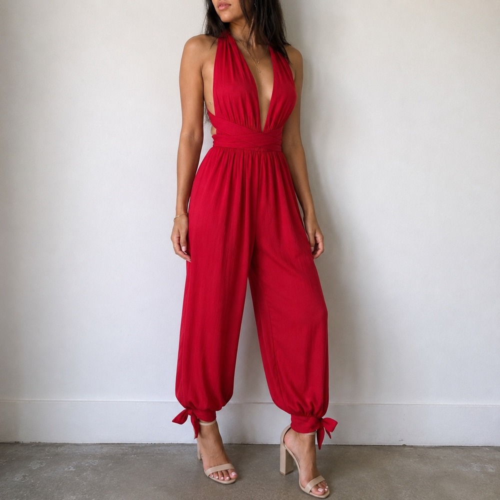 Lulus Red Lolinda Convertible Halter Jumpsuit XS Boho Festival Summer